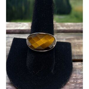 Sterling Silver Faceted Tigers Eye Domed Band‎ Ring size 9 Cocktail Large .925